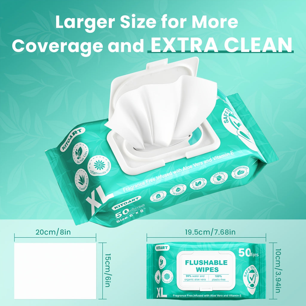 XL Flushable Adult Wet Wipes Unscented Alcohol-Free Septic and Sewer Safe Family Size 3-Pack 150 Wipes and 6-Pack 300 Wipes for Home Bathroom Travel Camping Outdoor Hygiene