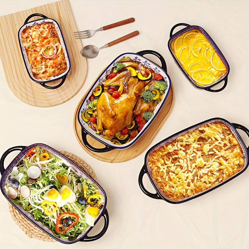 Bohemian Ceramic Baking Dishes Set of 2 - Large Rectangular Oven-Safe Casserole & Pie Pan, Porcelain Roaster Set for Baking & Cooking, Elegant Kitchen Gift, Red Blue Yellow White
