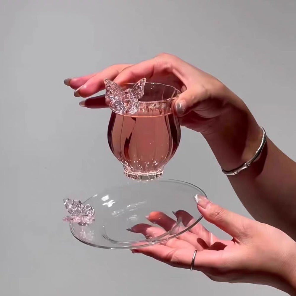 Borosilicate Glass Lotus Tea Cup with Plate 4.73oz – Heat Resistant Transparent Glassware, French Princess Style for Home, Office & Gifting