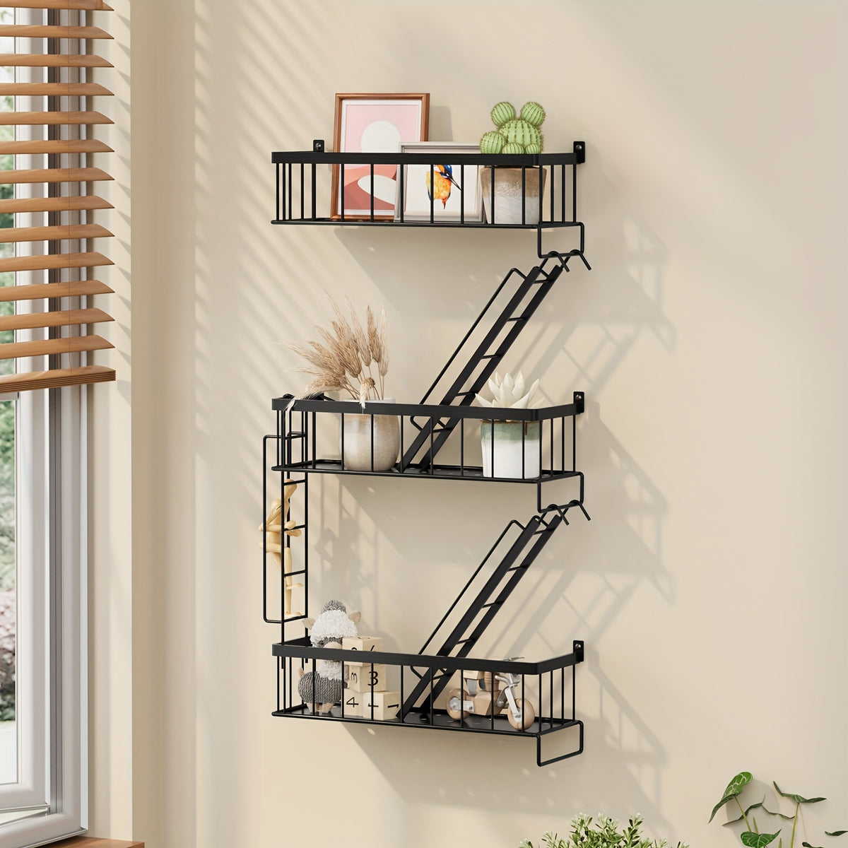 3-Tier Black Metal Floating Wall Shelf – Fire Escape Decorative Ladder Shelf, Wall Art Display Shelf for Bedroom Home Office Bathroom Living Room, Industrial Floating Shelves Room Decor