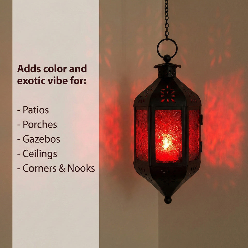 Moroccan Hanging Candle Lantern with Chain – Vintage Boho Style Iron & Glass Tealight Holder for Home, Patio, Garden, Wedding & Ramadan Decor (23.5" Overall)