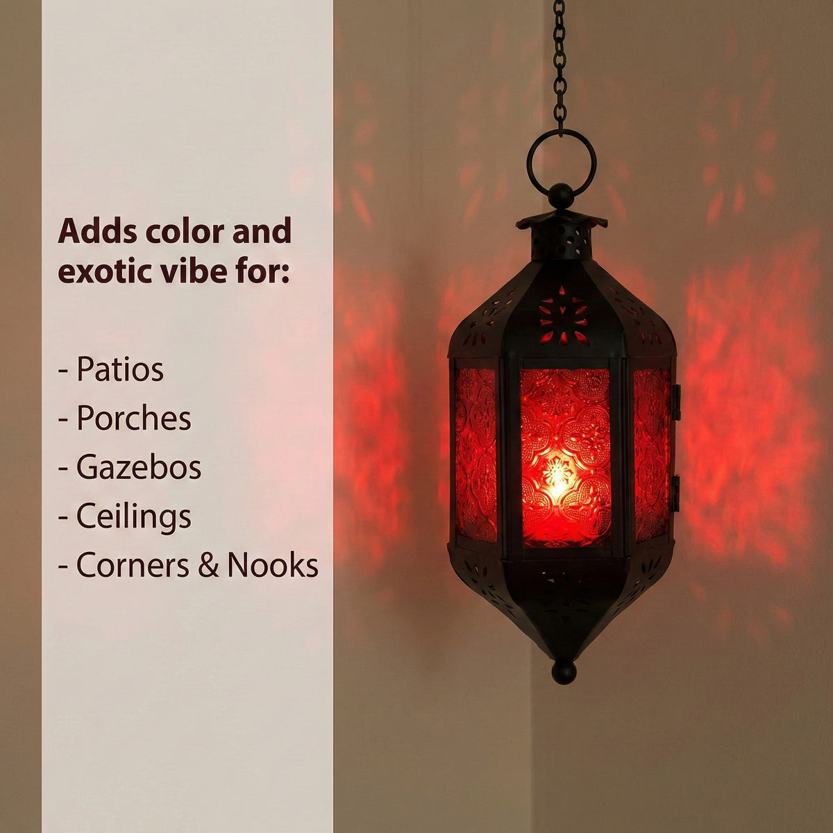 Moroccan Hanging Candle Lantern with Chain – Vintage Boho Style Iron & Glass Tealight Holder for Home, Patio, Garden, Wedding & Ramadan Decor (23.5" Overall)