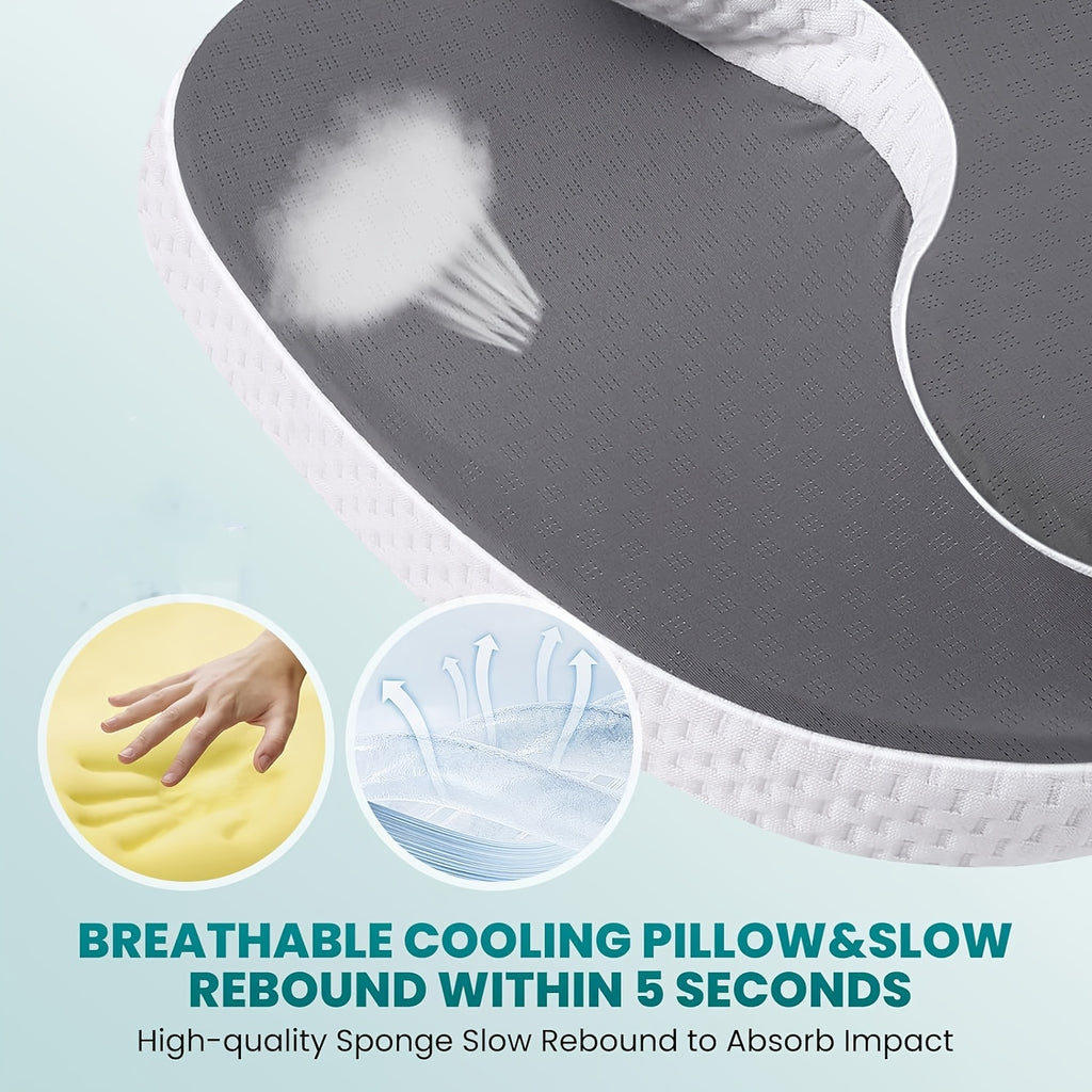 Ergonomic Cervical Memory Foam Pillow – Contour Support with Cooling Silk Cover | White & Gray