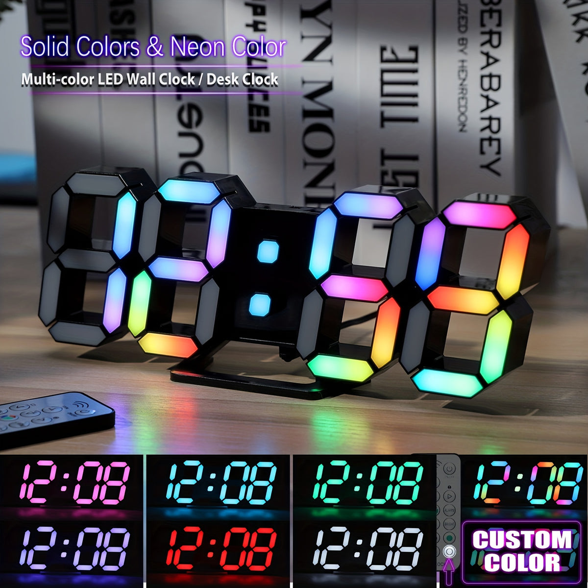 RGB Neon LED Digital Wall Clock 9.7" Large Display with Remote Control – 3D Aesthetic Alarm Clock, Adjustable Brightness, Date & Temperature Display for Bedroom, Living Room, Office, Gym