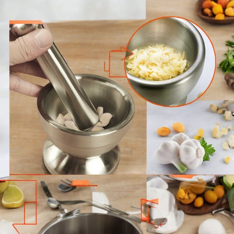 Stainless Steel Mortar and Pestle Set with Manual Spice Grinder - Heavy Duty 304 Stainless Pounding Pot for Grinding Herbs, Garlic, Pepper & Spices, Kitchen Cooking Tool