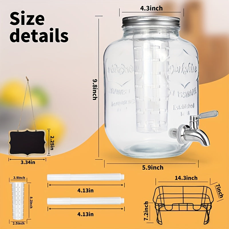 2-Pack 1-Gallon Glass Beverage Dispenser with Stand Stainless Steel Spigot and Ice Tube Leak-Proof Lemonade Water Drink Dispenser for Parties Camping Kitchen