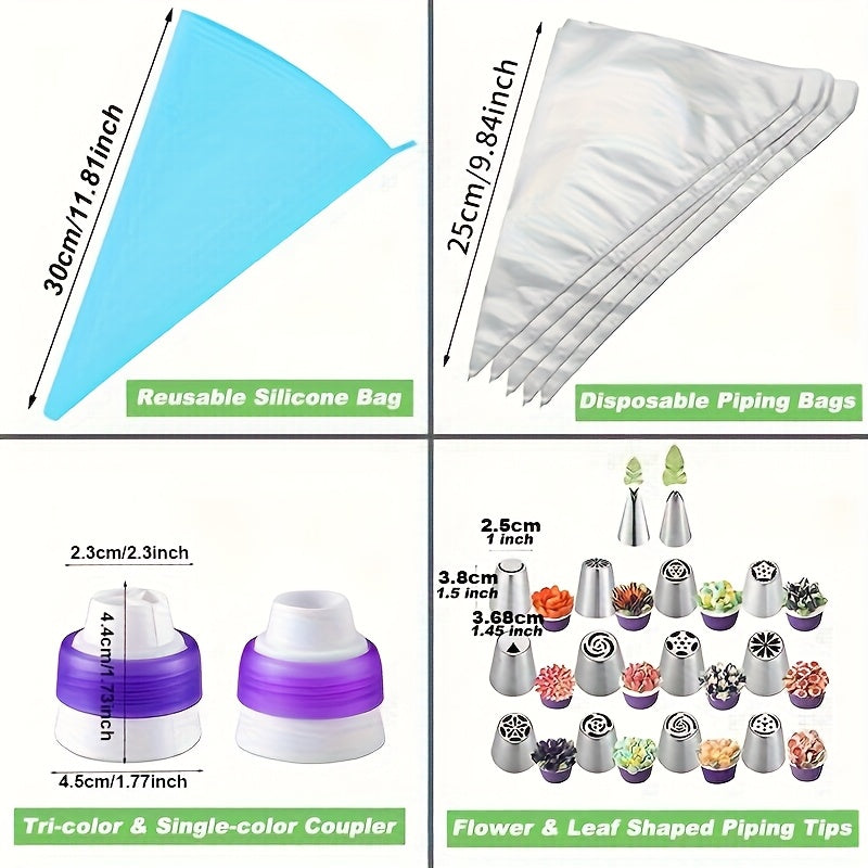Russian Piping Tips Set 121PCS with 12 Flower Nozzles, Leaf Tips, Couplers & 100 Piping Bags – Complete Cake Decorating Kit for Cupcakes, Cookies & Holiday Baking, Beginner-Friendly Metal Icing Tips