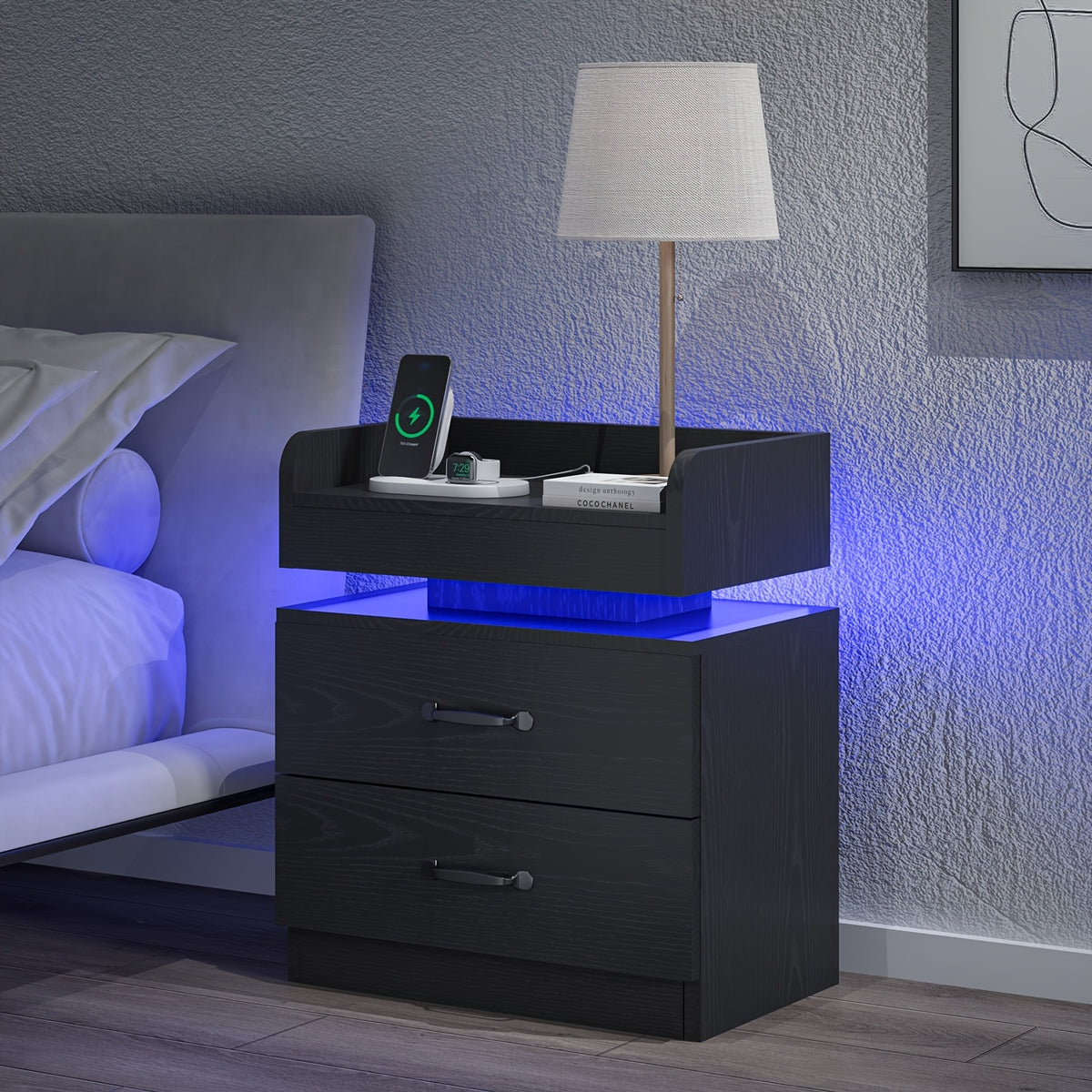 Nightstand with Charging Station LED Lights and 2 Drawers Bedside Table for Bedroom Living Room White Black Grey 1pc or 2pcs Set