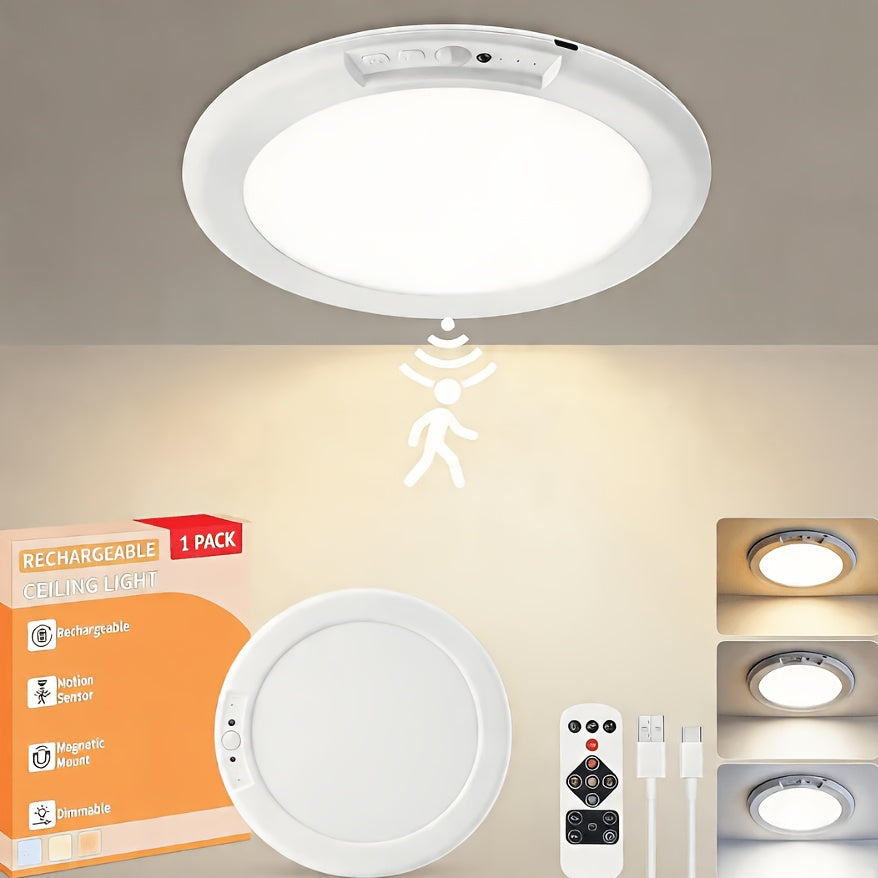 Wireless Rechargeable Ceiling Light Magnetic No Wiring Required Remote Dimmable 3 Color Temperatures Timer for Wardrobe Bathroom Corridor Closet
