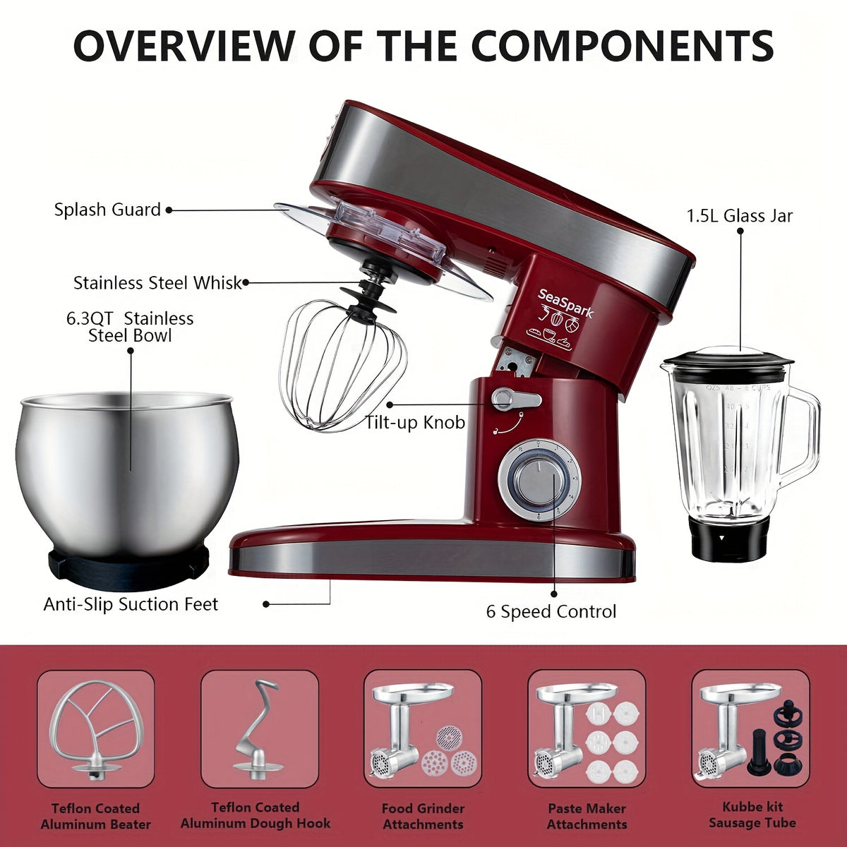 Stand Mixer 6-in-1 with 6.3QT Stainless Steel Bowl, 400W 6-Speed Tilt-Head Kitchen Mixer with Dough Hook, Egg Beater, Whisk, Juicer & Meat Grinder Attachments