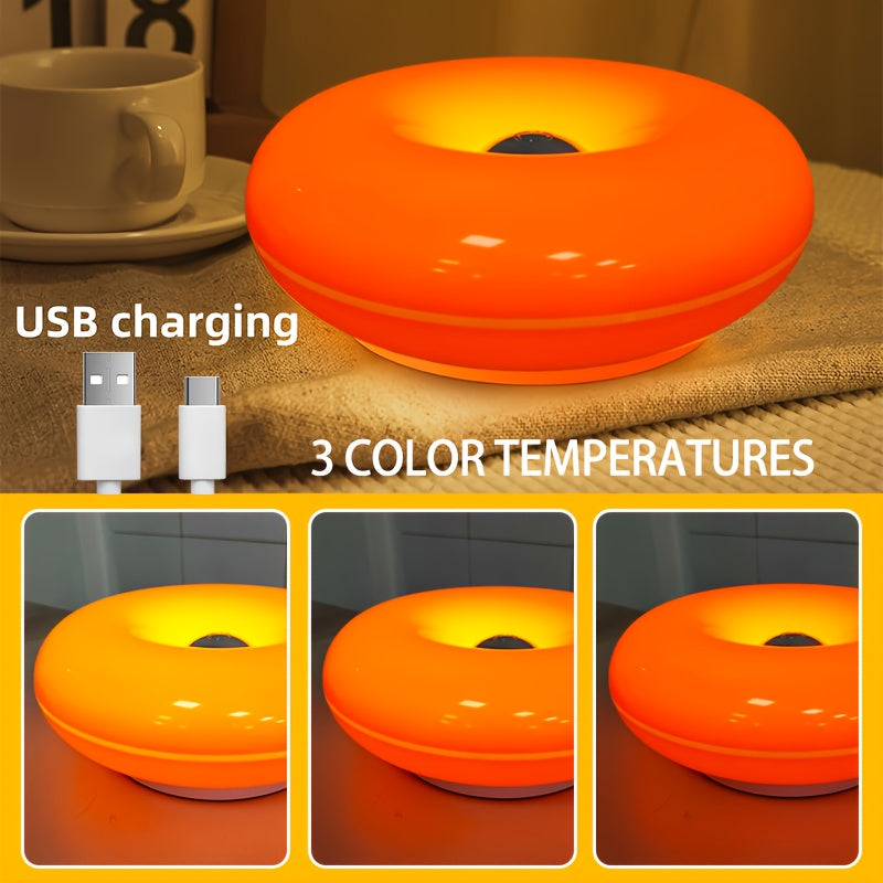 Touch-Control Dimmable Donut Table Lamp – 3-Tone USB Rechargeable, Wall-Mountable Night Light for Bedroom & Desk