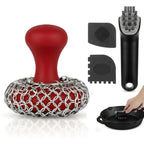 Cast Iron Cleaning Kit with 316 Stainless Steel Chainmail Scrubber – Cleaning Brush, Pan & Grill Scrapers for Skillet, Wok, Grill & Pre-Seasoned Cookware, Ergonomic Cast Iron Care Set