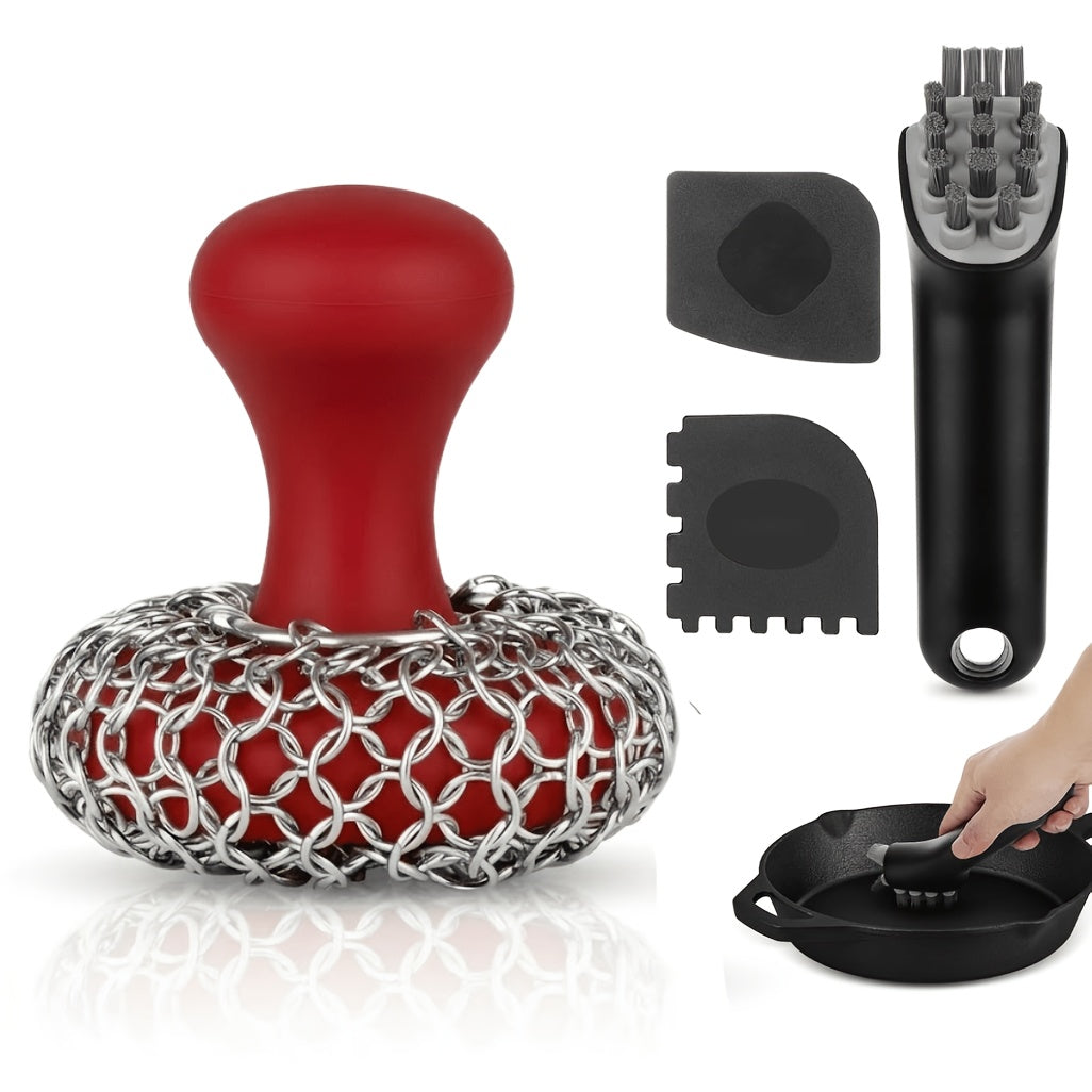 Cast Iron Cleaning Kit with 316 Stainless Steel Chainmail Scrubber – Cleaning Brush, Pan & Grill Scrapers for Skillet, Wok, Grill & Pre-Seasoned Cookware, Ergonomic Cast Iron Care Set