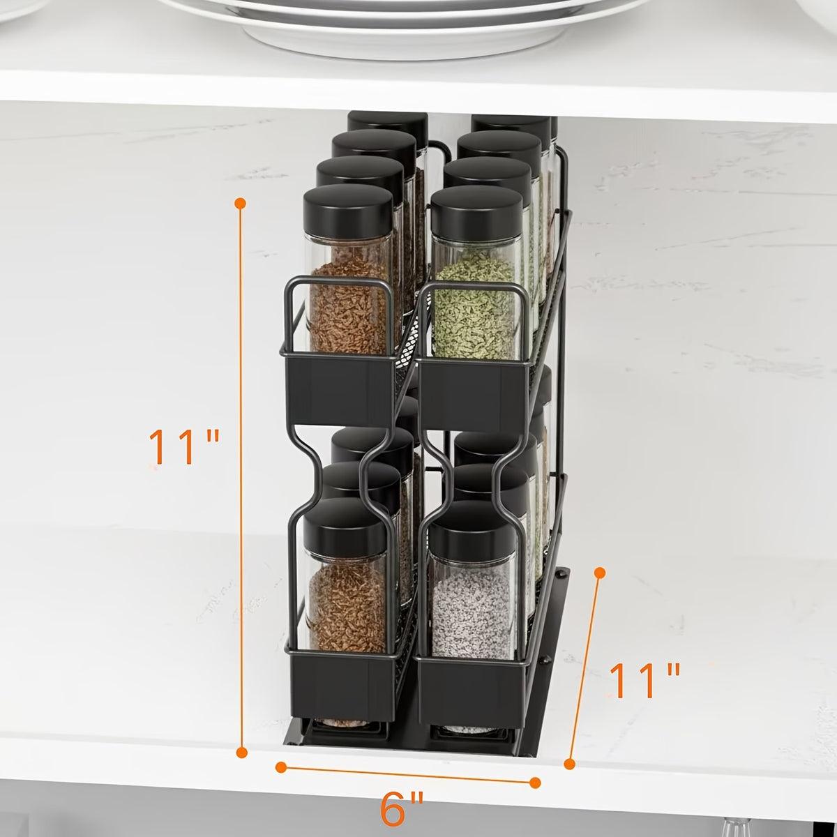 2-Tier Slide-Out Spice Rack Organizer for Cabinets with 415 Labels – Heavy Duty Steel, Ball Bearing Glides, 5.2"W x 10.75"D x 10"H, Easy Cabinet Installation, No Jars