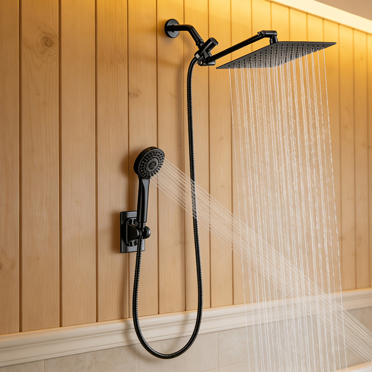 High Pressure Rainfall Shower Head & Handheld Combo 10/12 Inch Round or Square, 4-Spray Settings, 13-Inch Adjustable Arm, 78-Inch Hose & No-Drill Adhesive Holder – Chrome & Black