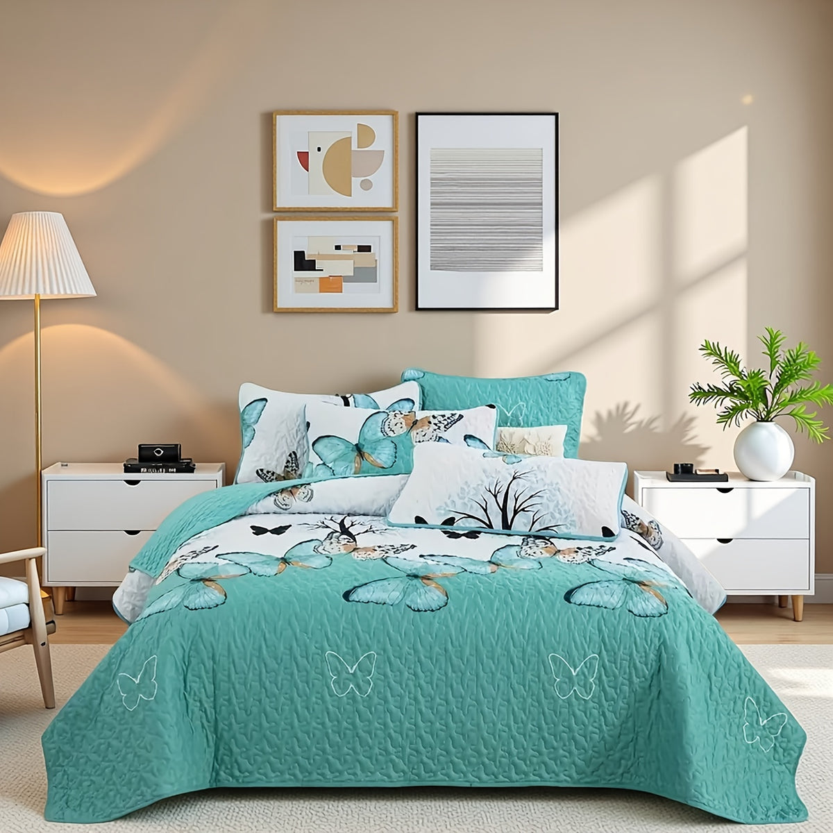 Quilted Bed Cover Set 3 Piece Butterfly Print - Soft Breathable Bedspread with 2 Pillowcases, Machine Washable All-Season, Twin Full Queen King