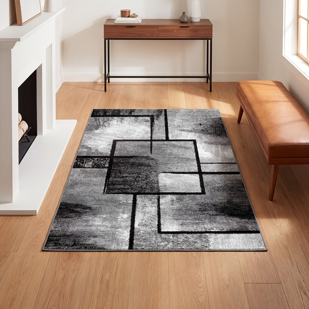 Geometric Area Rug Black White Ultra-Soft Non-Slip Machine Washable Rubber Backing Low Pile Shed Resistant Living Room Bedroom Kitchen Bathroom