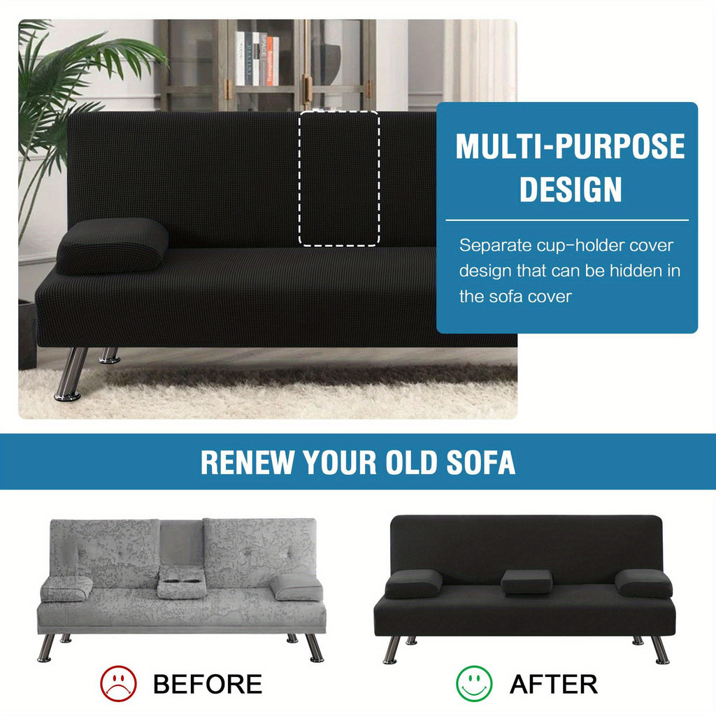 Sofa Cover 4-Piece Stretch Futon Slipcover Set with Removable Armrest & Cupholder Covers – Spandex Jacquard Furniture Protector, Black & Navy