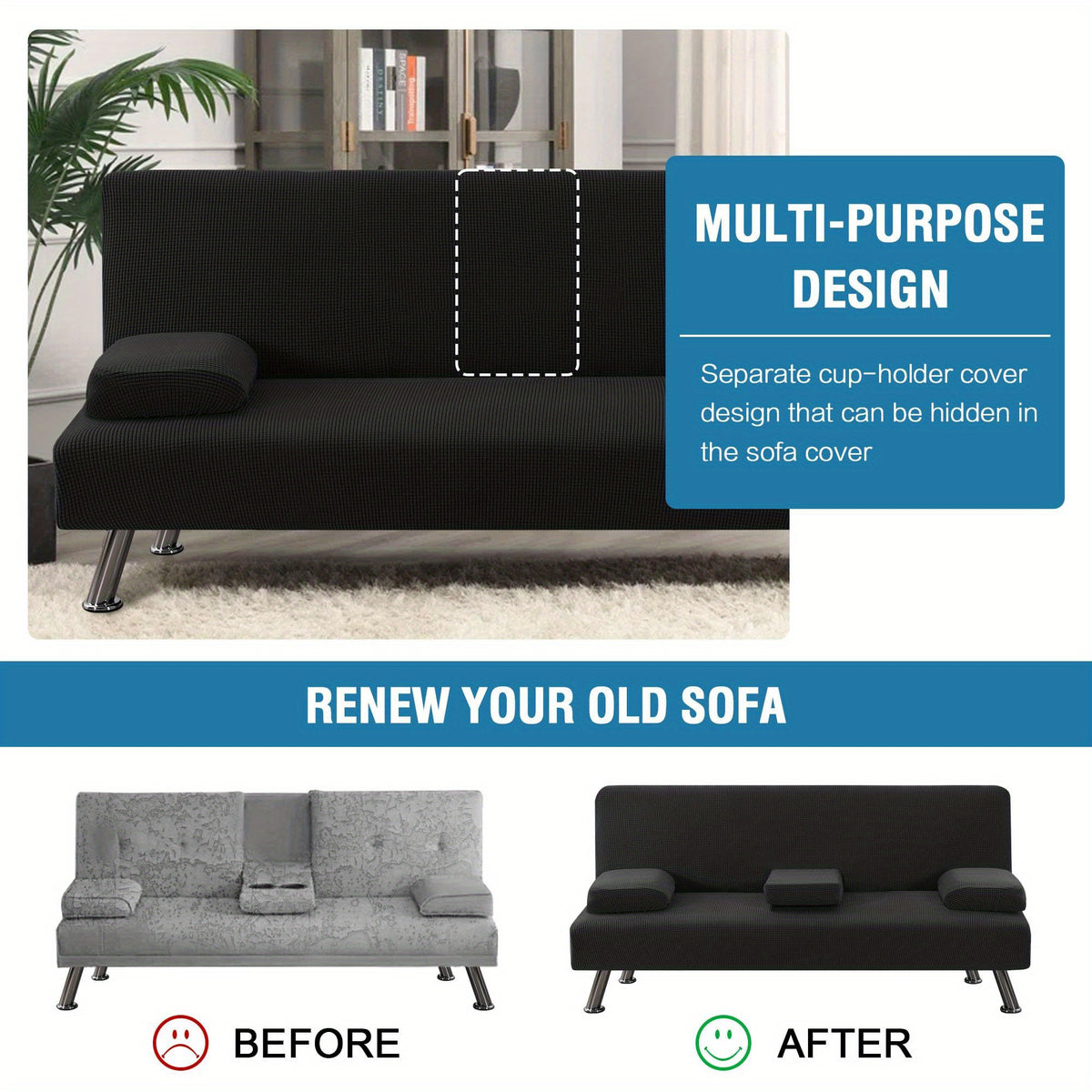 Sofa Cover 4-Piece Stretch Futon Slipcover Set with Removable Armrest & Cupholder Covers – Spandex Jacquard Furniture Protector, Black & Navy