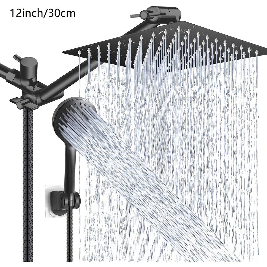 3-Way Rain Shower Head System Dual Heads with Handheld Spray High Pressure Extension Arm 8 10 12 Inch Black Chrome