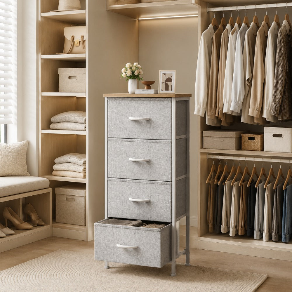 Fabric Dresser with 4 Drawers – Reinforced Edition, Wooden Top & Sturdy Metal Frame, Bedroom Storage Cabinet for Closet, Entryway & Dorm | 6 Colors