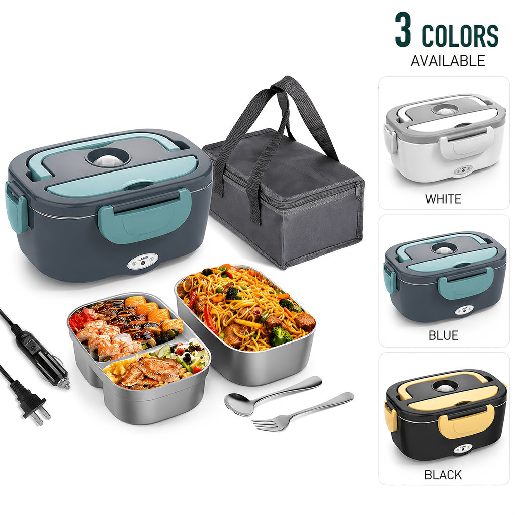 Portable Electric Lunch Box Food Warmer 54oz Dual Voltage - DC12-24V Car and AC120V Home - 316 Stainless Steel with Food Partition and Insulation Bag - 20-Min Quick Heating for Office and Travel