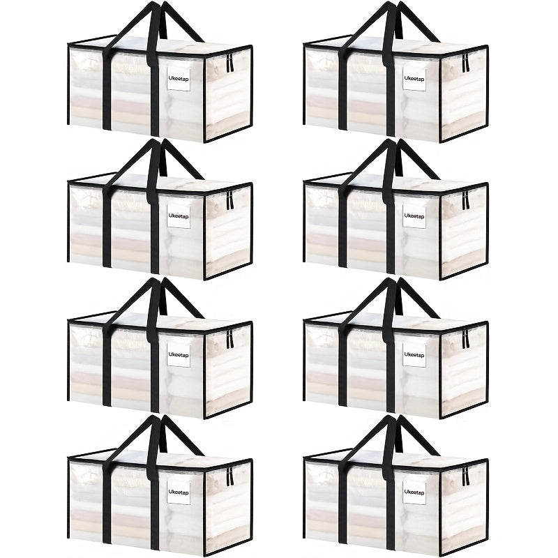 8-Pack Heavy Duty Transparent Moving Bags with Lids – XL Zipper Storage Boxes with Reinforced Handles for Clothing, Bedding, Dorm & College Moving, 27x14x15 inch