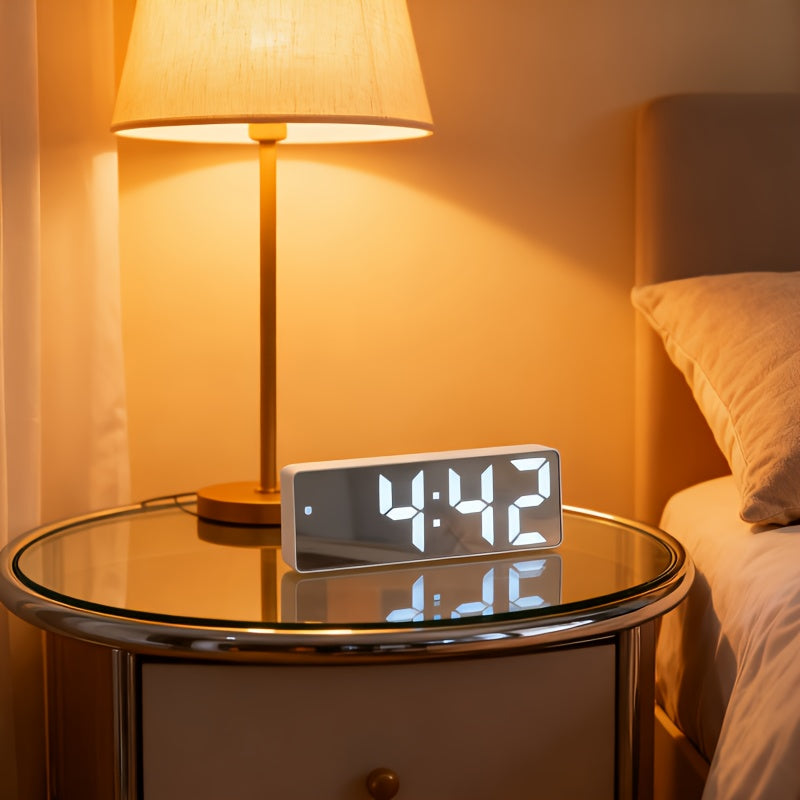 Contemporary LED Desk Clock with Temperature Display, Brightness Adjustment, Night Mode & Snooze – 12/24 Hour Digital Alarm Clock for Bedroom, Office & Nightstand