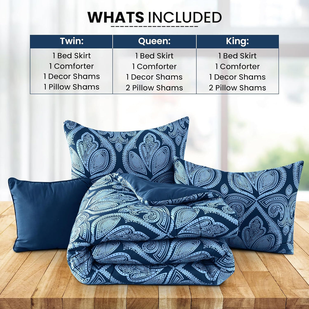 5-Piece Comforter Set – Reversible Quilted Down Alternative Bedding Set with Pillow Shams, Bed Skirt & Cushion | All Season | Twin, Queen, King