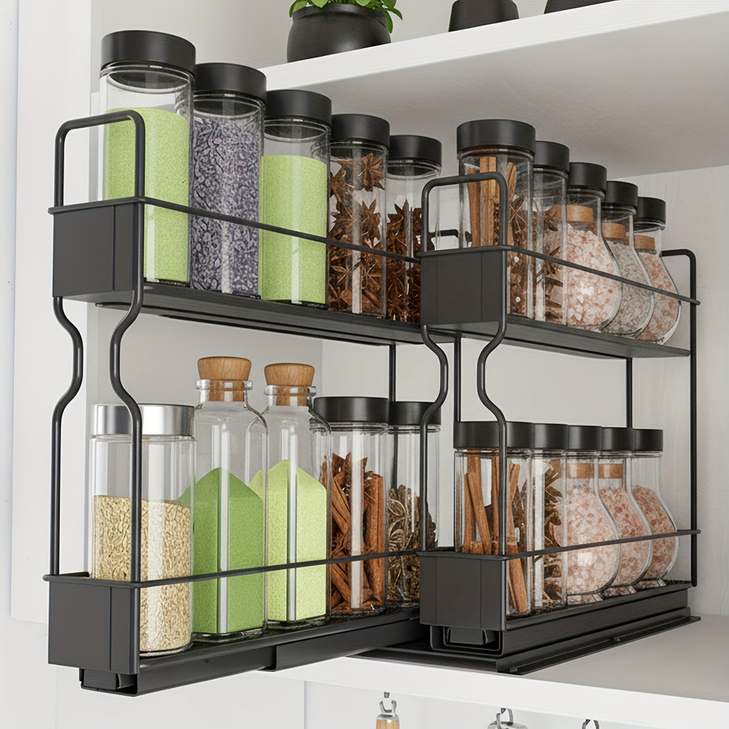 2-Tier Slide-Out Spice Rack Organizer for Cabinets with 415 Labels – Heavy Duty Steel, Ball Bearing Glides, 5.2"W x 10.75"D x 10"H, Easy Cabinet Installation, No Jars