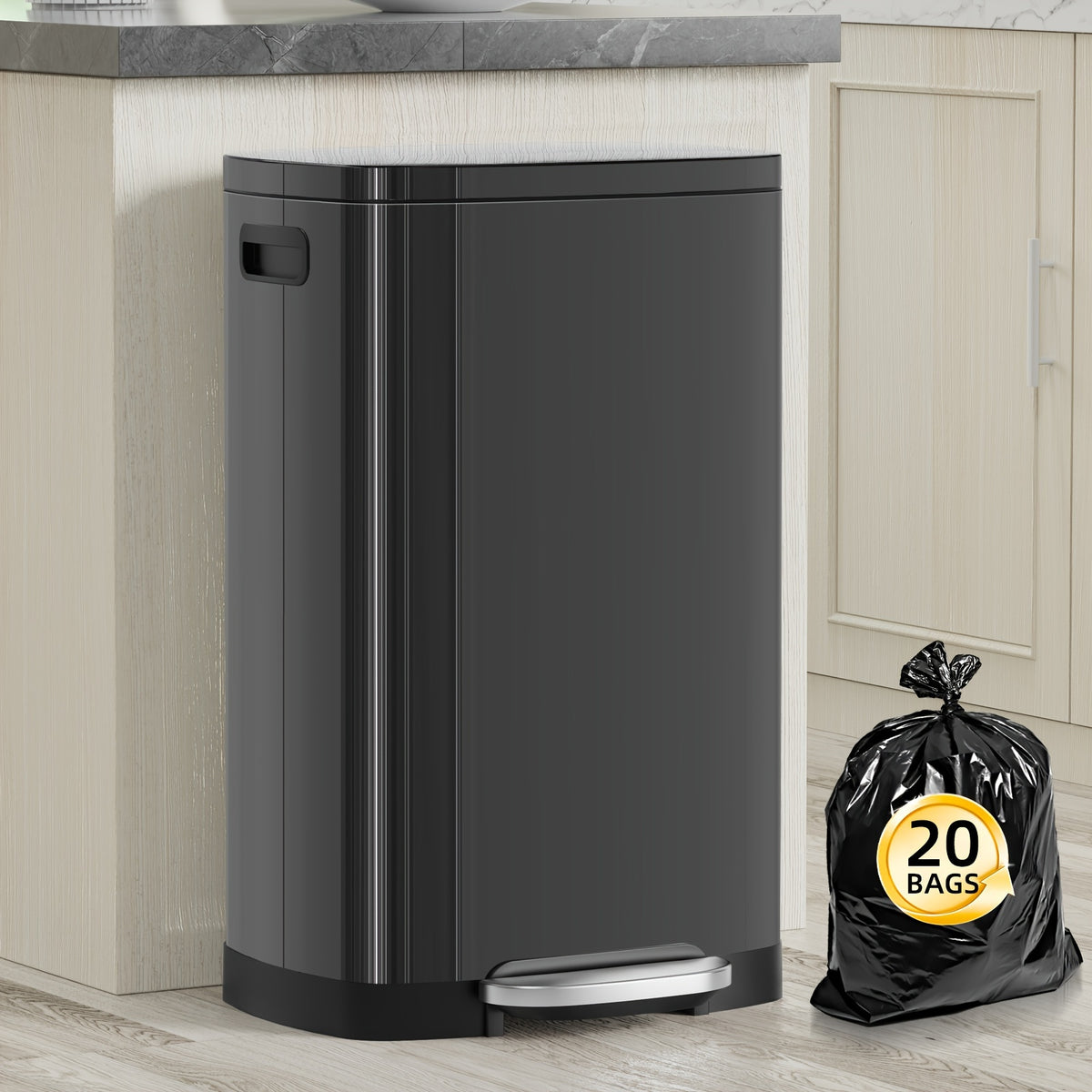 13-Gallon Stainless Steel Trash Can with Soft-Close Lid & Foot Pedal, Fingerprint-Resistant Kitchen Garbage Can with Removable Inner Bucket, Odor-Proof Touchless Waste Bin for Kitchen Bedroom Office – 2 Colors