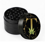 Manual Spice & Herb Grinder with Pollen Catcher - Personalized A-Z Initial Letter Metal Crusher, Portable 2 Inch Golden Marble Alphabet Design, Gift for Smokers & Herb Lovers (Black)