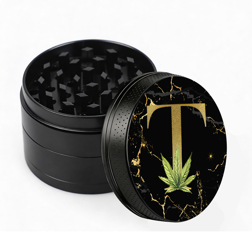 Manual Spice & Herb Grinder with Pollen Catcher - Personalized A-Z Initial Letter Metal Crusher, Portable 2 Inch Golden Marble Alphabet Design, Gift for Smokers & Herb Lovers (Black)