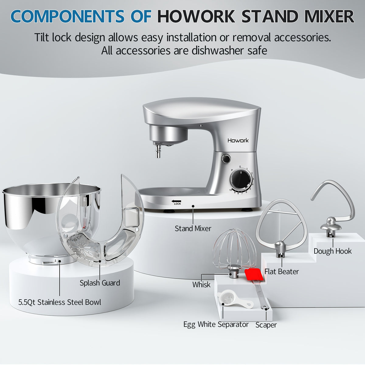 Stand Mixer 5QT 10-Speed Electric Kitchen Mixer with Dough Hook, Flat Beater, Wire Whip & Pouring Shield | Dishwasher-Safe Attachments for Baking & Cooking | Red, Silver or Blue