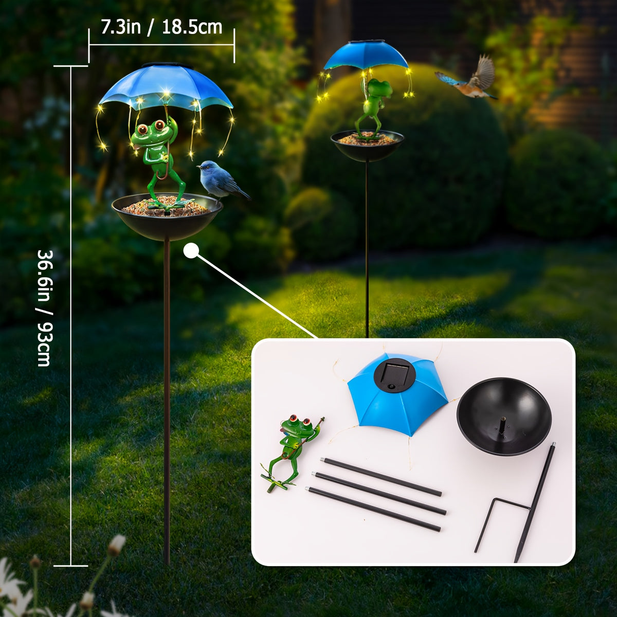 Solar Iron Frog with Umbrella Garden Statue – LED Solar Outdoor Light, Auto Dusk-to-Dawn, Bird Feeder Design for Patio, Lawn, Pathway & Deck Decor, Valentine’s Day Gift