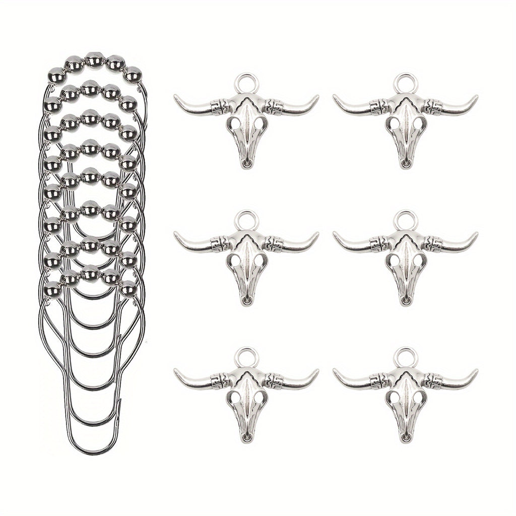 Bull Skull Metal Shower Curtain Hooks – 5-Bead Roller Rings, Smooth Gliding & Rustproof | Durable Decorative Hooks for Shower Curtains & Grommet Curtains