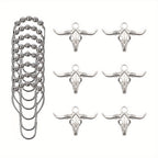 Bull Skull Metal Shower Curtain Hooks – 5-Bead Roller Rings, Smooth Gliding & Rustproof | Durable Decorative Hooks for Shower Curtains & Grommet Curtains