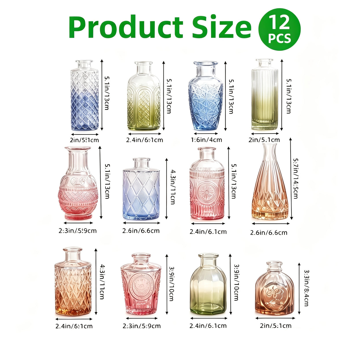 Mini Glass Bud Vase Set of 12 – Multicolor Gradient Relief Design, Vintage Flower Vases for Centerpieces, Wedding Table Decor, Home Party & Event Floral Arrangements