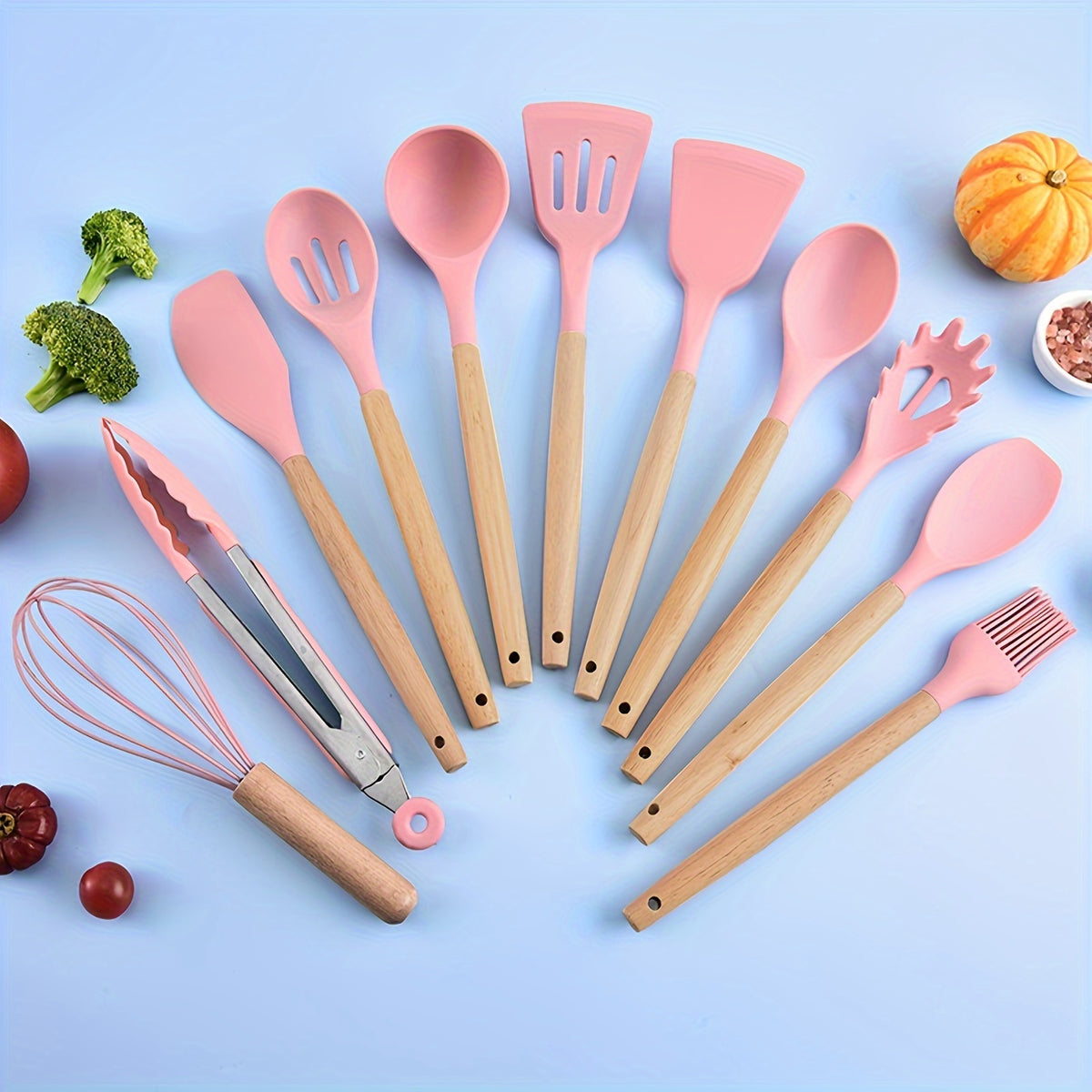 Silicone Kitchen Utensil Set 12 Piece with Wooden Handles - Non-Stick Heat Resistant Cooking Tools for Home, Dorm & Baking, Colorful Kitchen Gadgets Gift Set