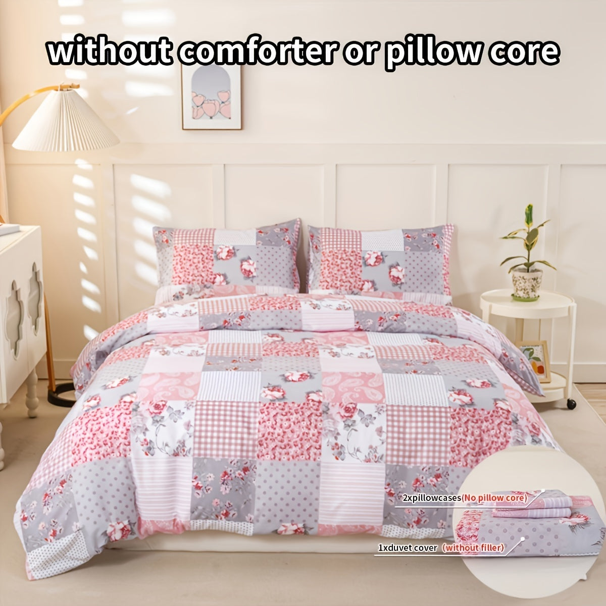 Floral Print Duvet Cover Set 3pcs – Soft Breathable Splicing Floral Light Pink, Zip Closure, Machine Washable, 1 Duvet Cover + 2 Pillowcases, Twin to King, All-Season Bedding