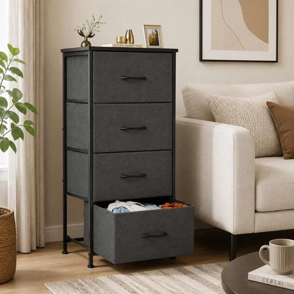 Fabric Dresser with 4 Drawers – Reinforced Edition, Wooden Top & Sturdy Metal Frame, Bedroom Storage Cabinet for Closet, Entryway & Dorm | 6 Colors