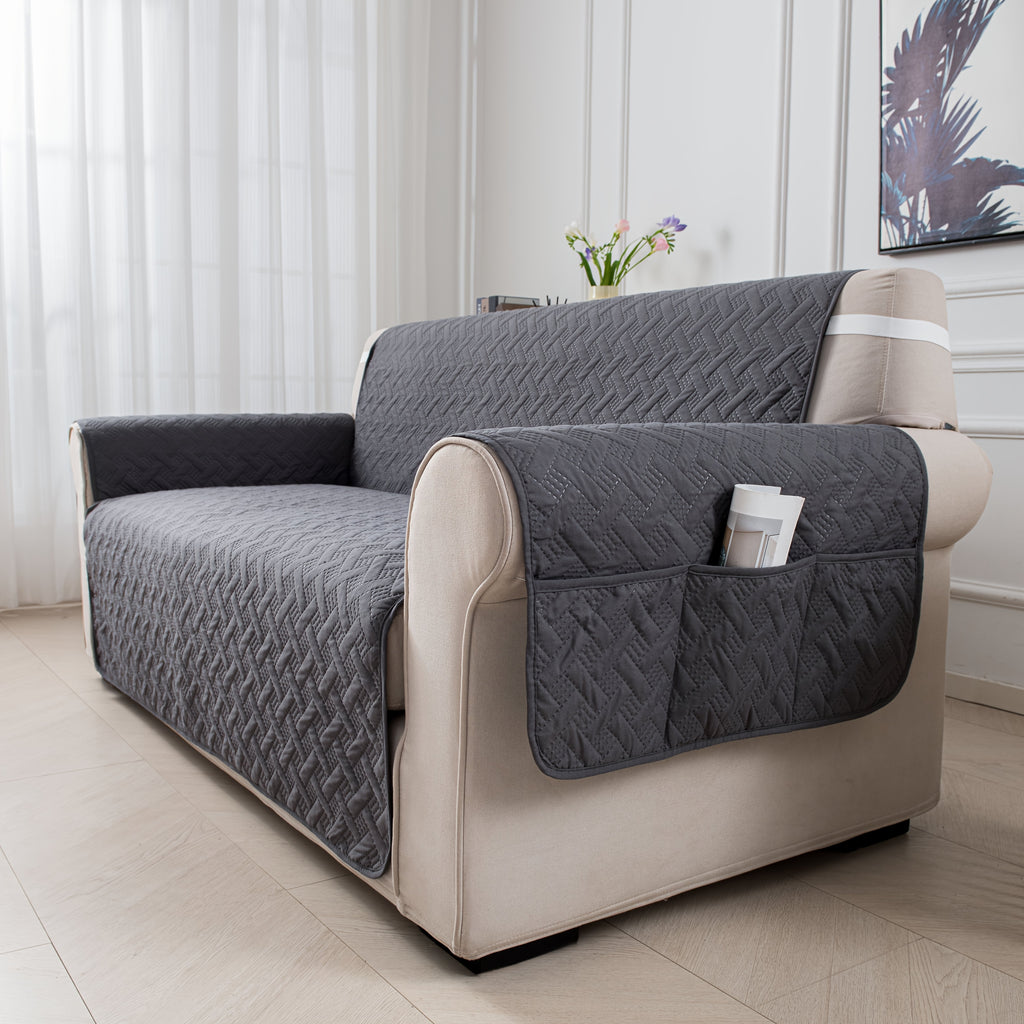 Sofa Cushion Cover with Storage Pocket – Pet-Proof Non-Slip Multi-Function Sofa Protector, All-Season Machine Washable, 1/2/3-Seater, Navy Coffee Off-White Dark Gray