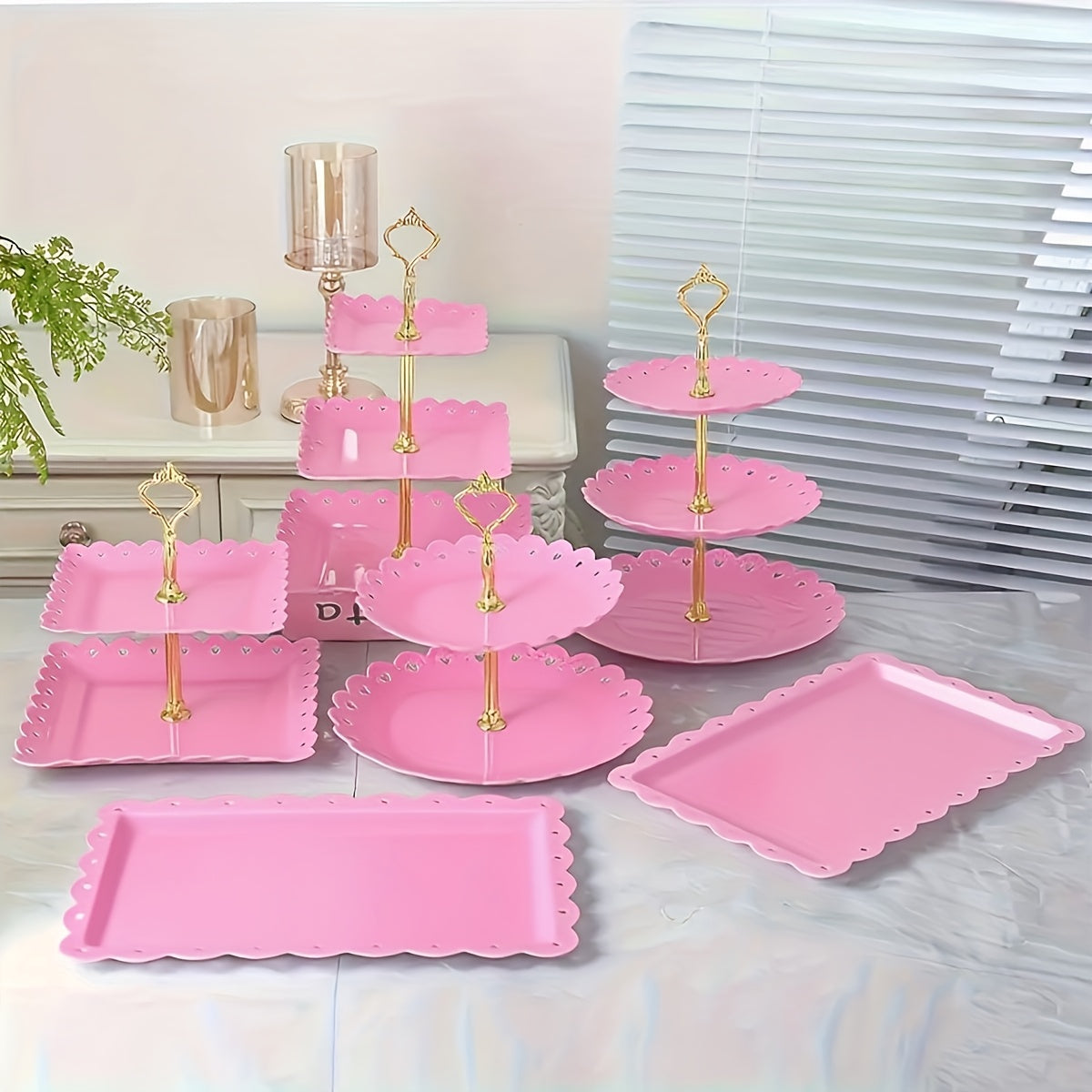Tiered Dessert Display Stand 6 Piece Set Three-Tier Two-Tier Shelf and Dessert Tray for Birthday Party Tea Party Cupcake Cake Serving Pink White