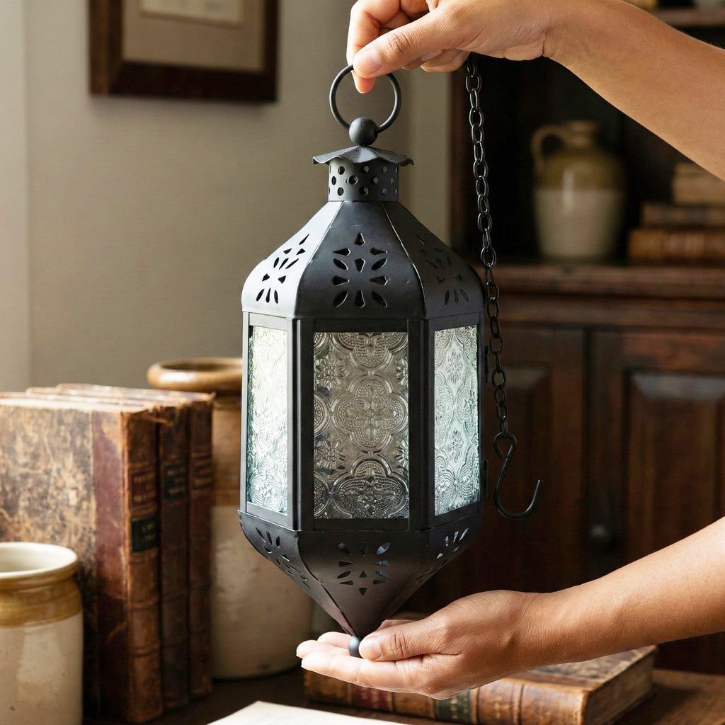 Moroccan Hanging Candle Lantern with Chain – Vintage Boho Style Iron & Glass Tealight Holder for Home, Patio, Garden, Wedding & Ramadan Decor (23.5" Overall)
