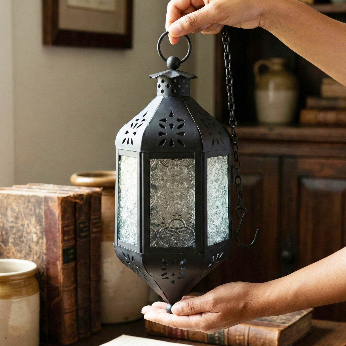 Moroccan Hanging Candle Lantern with Chain – Vintage Boho Style Iron & Glass Tealight Holder for Home, Patio, Garden, Wedding & Ramadan Decor (23.5" Overall)