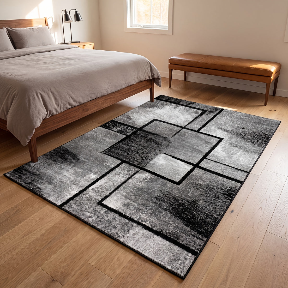 Geometric Area Rug Black White Ultra-Soft Non-Slip Machine Washable Rubber Backing Low Pile Shed Resistant Living Room Bedroom Kitchen Bathroom