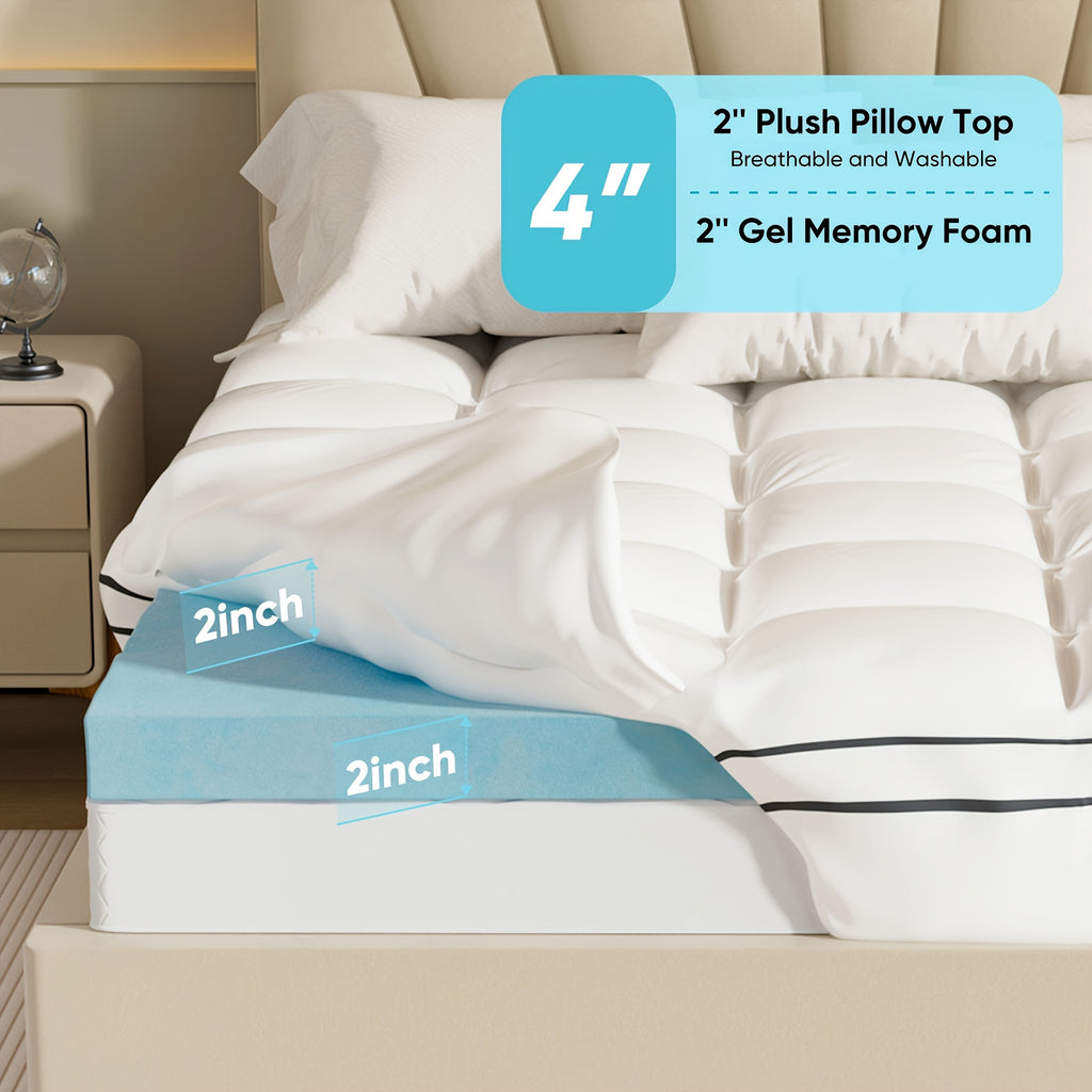 4 Inch Gel Memory Foam Mattress Topper | Dual Layer 2" Gel Foam + 2" Pillow Top, Removable Washable Cover, 8-21" Deep Pocket – Twin, Twin XL, Full, Queen
