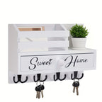 8-Hook Wall-Mounted Key & Mail Holder with Storage Drawer – Rustic Wood Entryway Organizer for Kitchen, Mudroom & Office, Adhesive Paintable Hooks, Space-Saving Easy Install