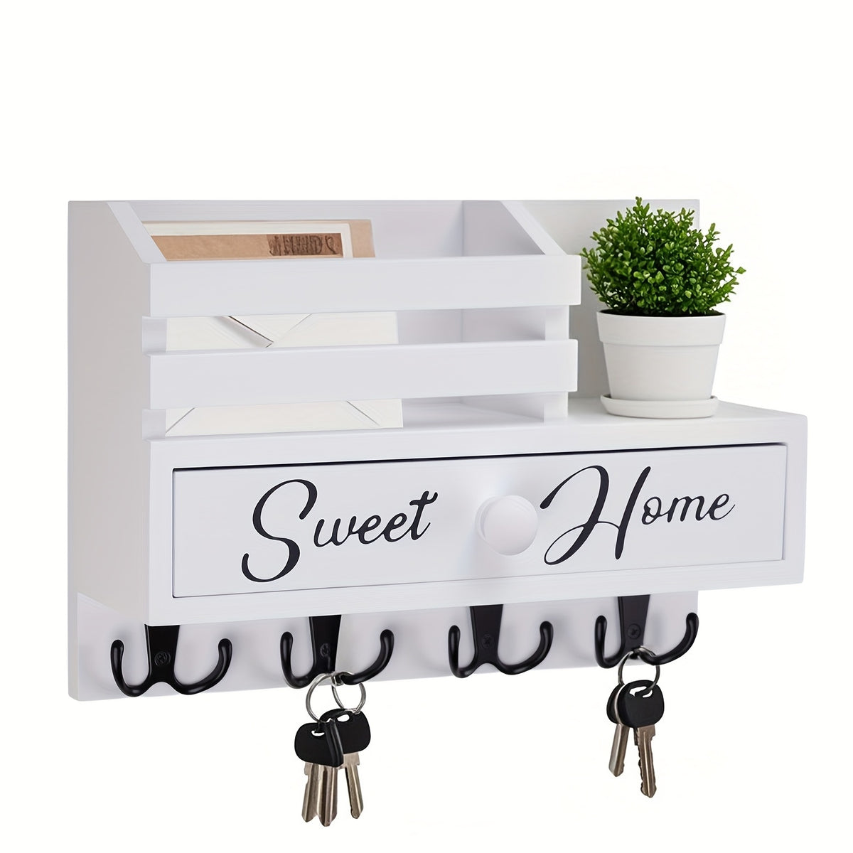 8-Hook Wall-Mounted Key & Mail Holder with Storage Drawer – Rustic Wood Entryway Organizer for Kitchen, Mudroom & Office, Adhesive Paintable Hooks, Space-Saving Easy Install