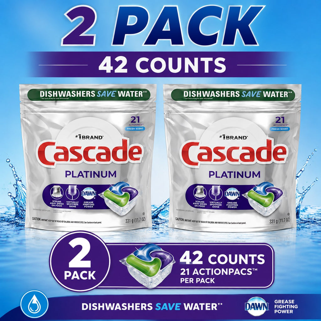 Dishwasher Pods 2-Pack 42 Total – 3-in-1 Action Pacs with Detergent, Rinse Aid & Shine Enhancer, Fresh Scent, No Pre-Rinsing Needed, 21 Count Each Pack